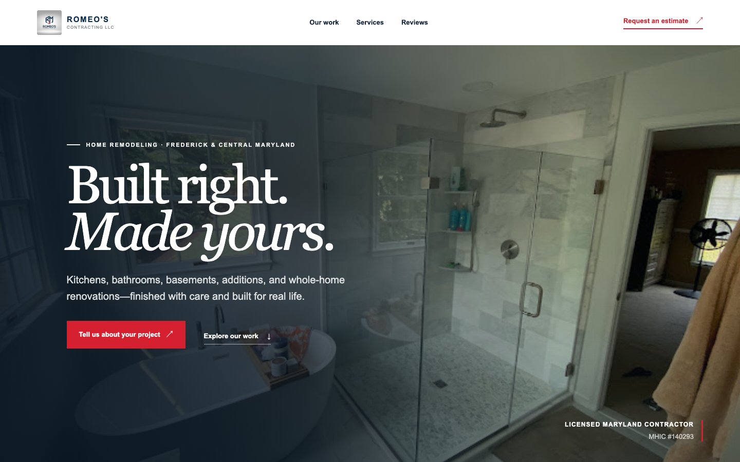 Romeo’s Contracting website, featuring its remodeling work and estimate request
